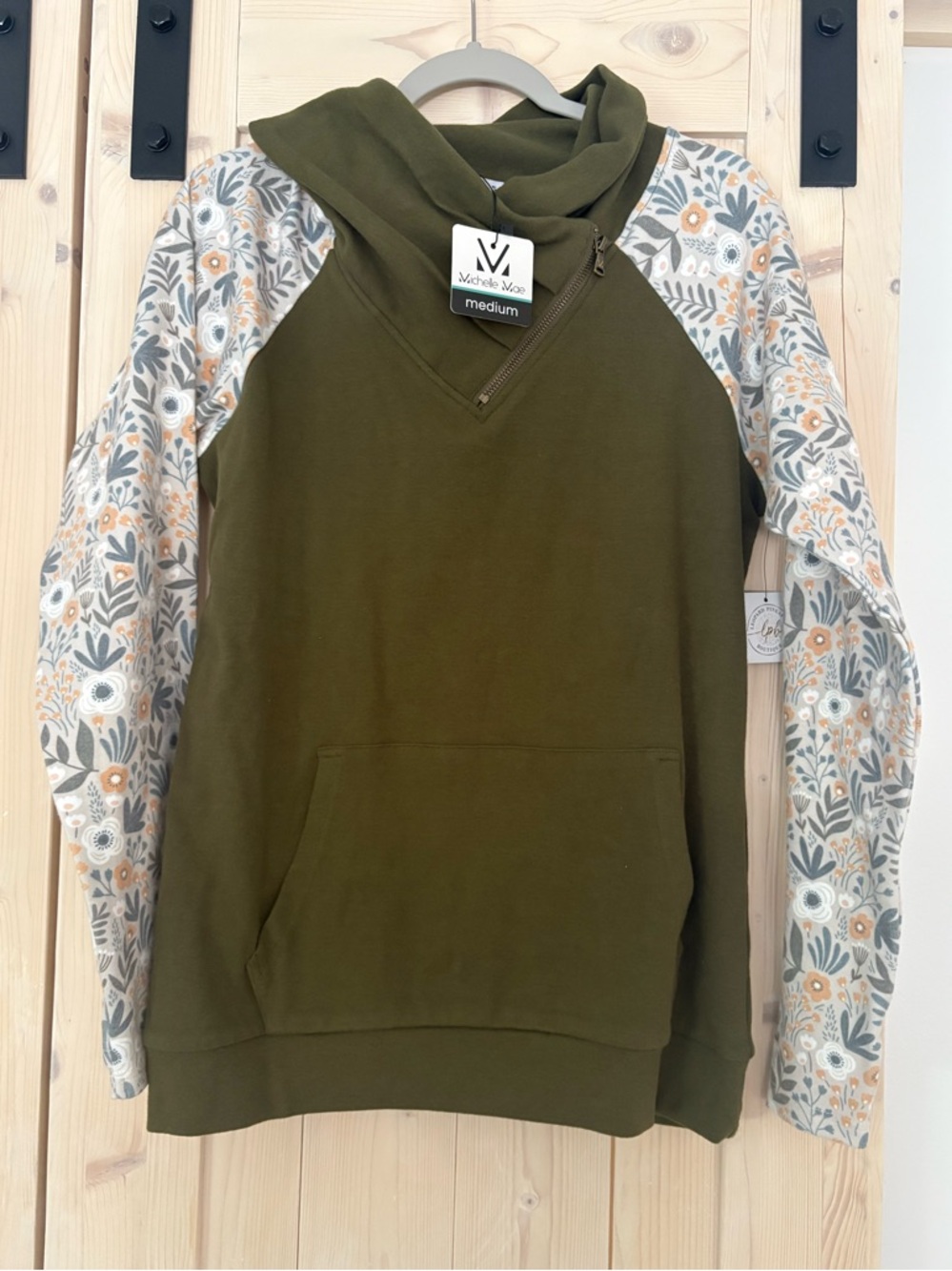 Michelle Mae Olive Green Funnel Neck Pullover with Floral Sleeves